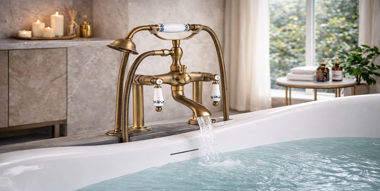 Fontana Deauville FS1440 antique brass freestanding tub faucet with hand shower